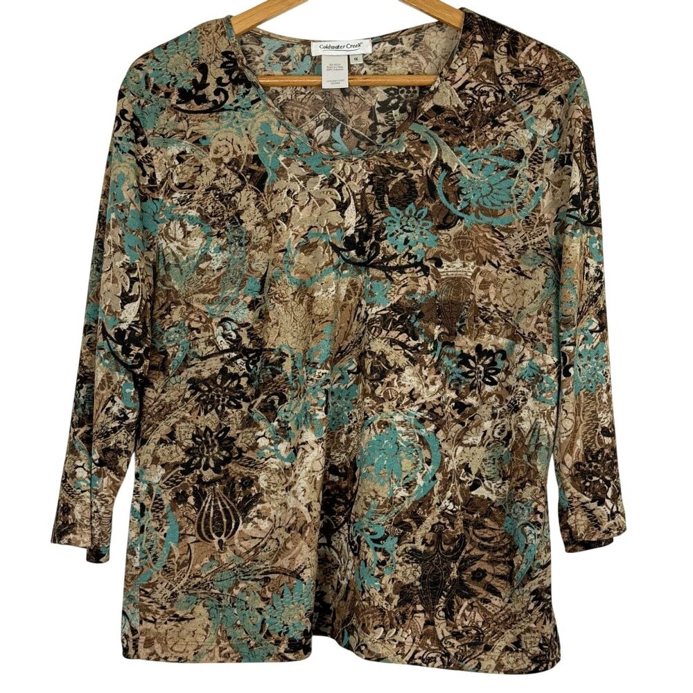 Coldwater Creek Womens Floral Print Top 1X Brown Teal V-Neck Polyester Stretch